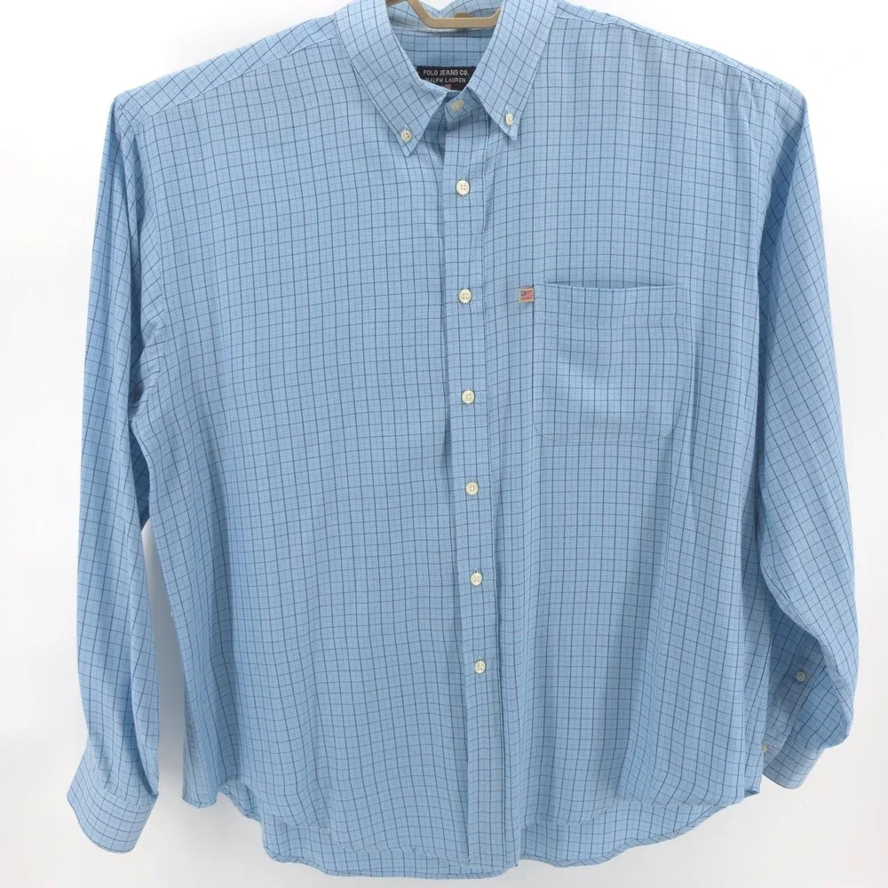 Polo Jeans Co Ralph Lauren Mens Shirt Cotton Blue Grid L Button Down Made in USA